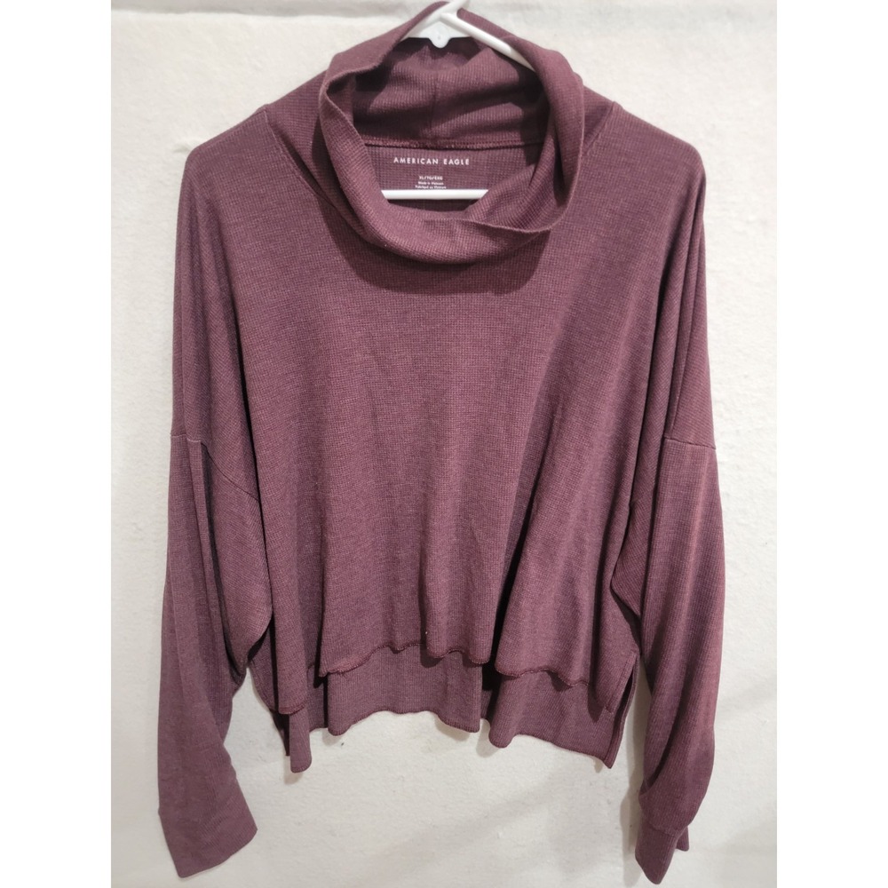 American Eagle XL Plum Waffle Knit Cowl Neck Cropped Boxy Pullover Raw Hem